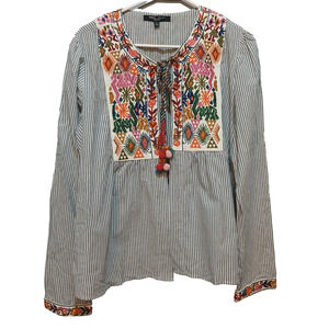 Romeo + Juliet Couture Embroidered Open Boho Jacket Sz L Large Blue Pinstripe